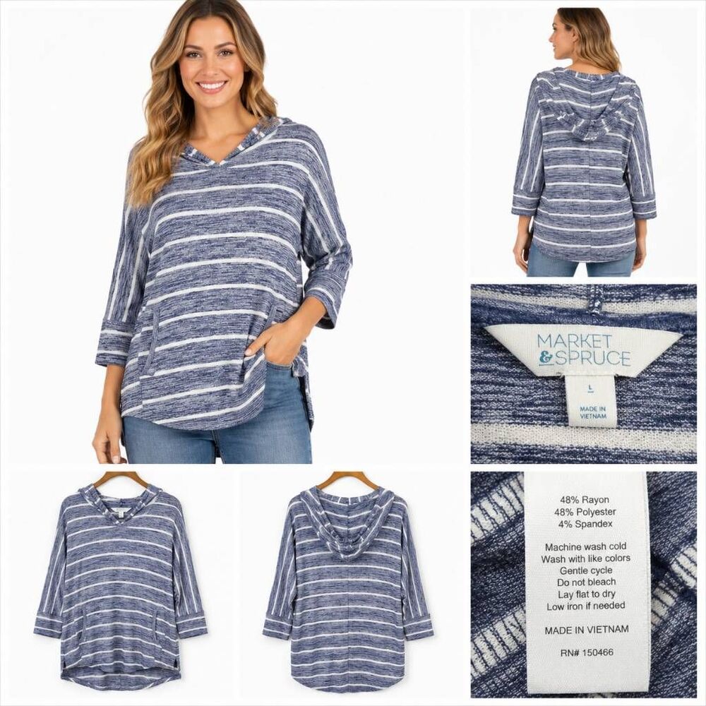 Market & Spruce Striped Hooded Tunic Top Large Blue